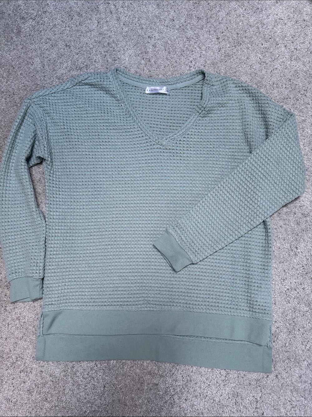 Retrology Mint Green V-Neck Waffle Knit Pullover Sweater